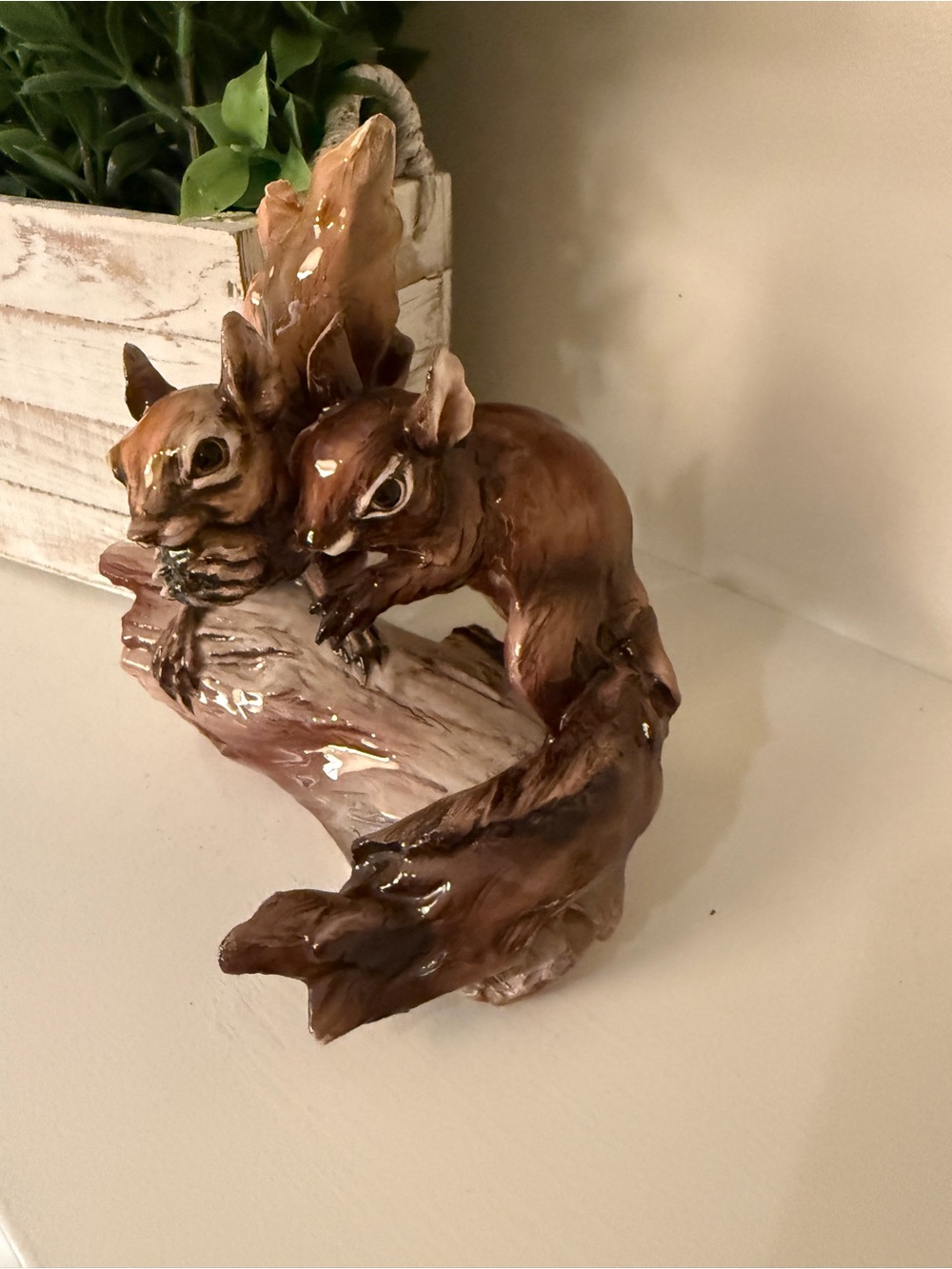 Vintage Made in Italy Ceramic Squirrel Figurine Pair on Tree Branch Woodland